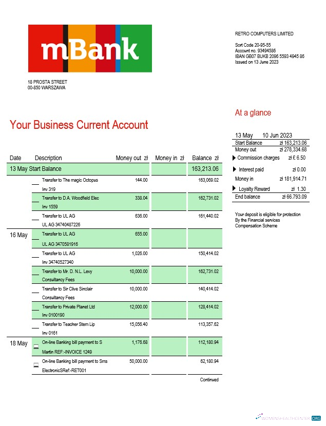 Download MBank company statement Word and PDF template Photoshop template